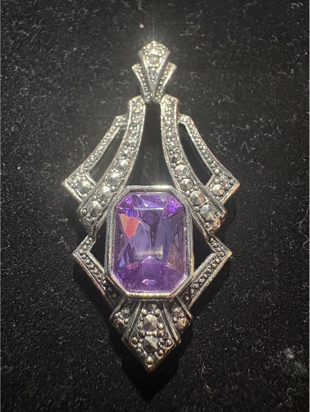 Vintage Avon Art Deco Faux Marcasite Amethyst Purple Emerald Cut Crystal Pendant